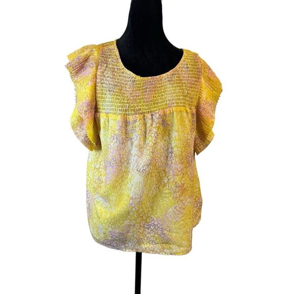 BB Dakota Tops - BB Dakota by Steve Madden Smocked Ruffle Sleeve Blouse Yellow Pink Print Top M